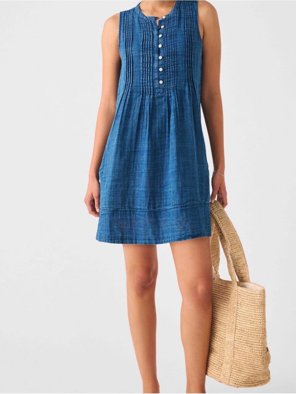 Faherty Isha Dress XXS Blue Cotton Shift Dress Denim Look